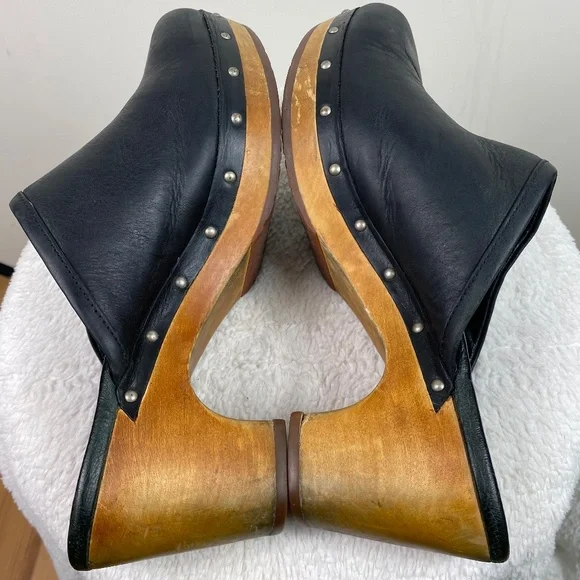 UGG Abbie Sz 9 Wooden Platform Clogs Mules Shoes Black Leather Fur Lined Studded - Picture 7 of 12